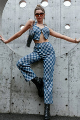 Checkered Lace Up Cropped Top and Pants Set - Shah S. Sahota